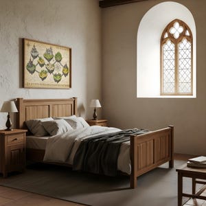May include: A bedroom with a wooden bed frame, two nightstands, and a framed map on the wall. The bed is made with white linens and a gray blanket. Two lamps sit on the nightstands. A large window with a decorative frame is visible.