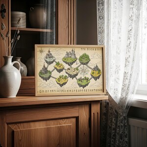 May include: A framed fantasy map featuring floating islands with castles, connected by bridges. The map is in a vintage style with a compass rose and runic text. The color palette includes greens, browns, and blues.