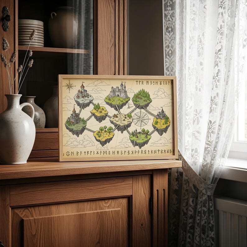 May include: A framed fantasy map featuring floating islands with castles, connected by bridges. The map is in a vintage style with a compass rose and runic text. The color palette includes greens, browns, and blues.