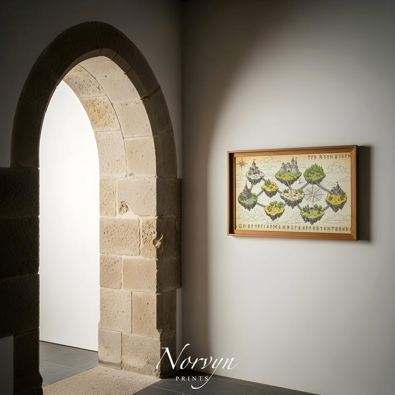 May include: A framed map print depicting floating islands with castles and trees, set against a light background. The map features a compass rose and text in a stylized font. The frame is made of light brown wood.