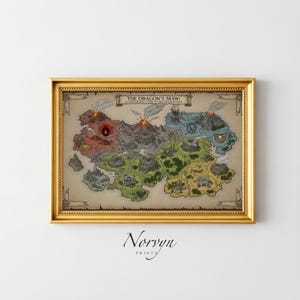 May include: Framed map print titled "The Dragon's Maw: A Cartographic Guide to the Untamed Lands." The map features a fantasy world with detailed illustrations of mountains, forests, and castles. The frame is gold-colored, and the print has a vintage aesthetic.