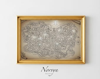 Ancient Dungeon Labyrinth Map Printable | Fantasy Maze Map Art, Underground City Illustration, Vintage RPG Wall Art