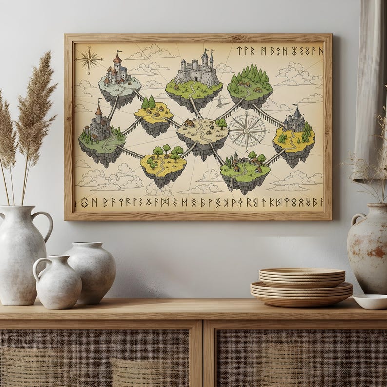 May include: A framed fantasy map featuring floating islands with castles, trees, and bridges. The map has a compass rose and text in a stylized font. The frame is made of light-colored wood, and the overall color scheme is muted.