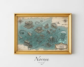 Fantasy Map Art Print – Illustrated of the Sunken City of Eldoria