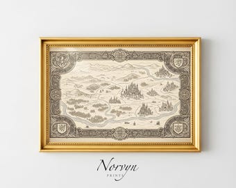 Medieval Kingdom Fantasy Map Printable | Heraldic Castle Illustration, RPG World Map Art, Royal Realm Wall Decor, Hand Drawn Game Map