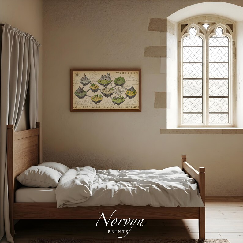 May include: A wooden bed frame with white bedding and pillows. A framed map illustration hangs on the wall above the bed. The image is in a room with a large window and a beige curtain. The text "Norvyn PRINTS" is at the bottom.