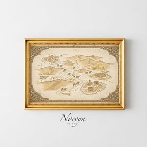 May include: A framed vintage-style map print with a gold frame. The map depicts a desert landscape with camels, buildings, and sand dunes in shades of tan and brown. The print is labeled "Norvyn Prints" in a script font.