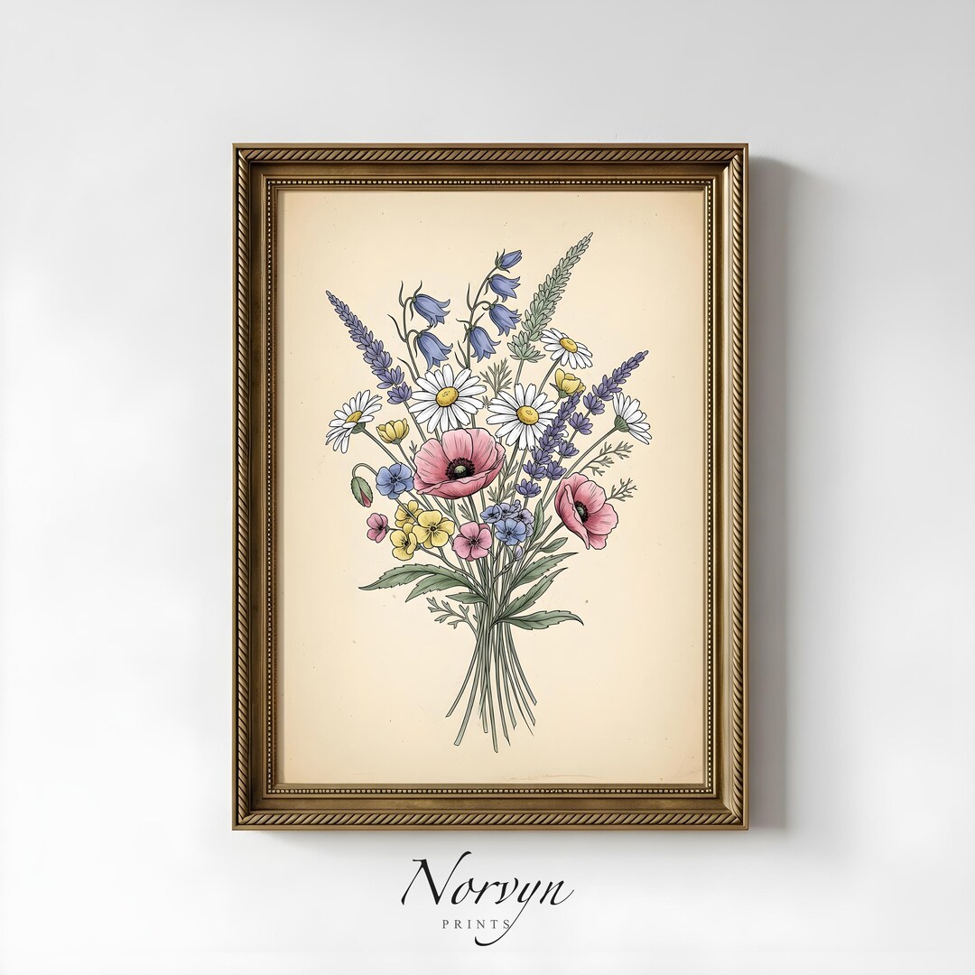 Wildflower Bouquet Printable Wall Art, Vintage Meadow Floral ...
