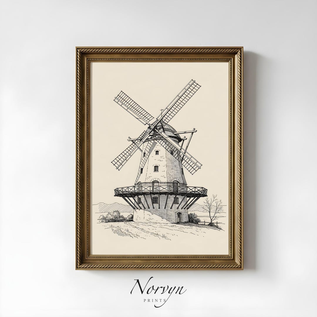 Rustic Windmill Drawing Farmhouse Printable Wall Art, Rustic Vintage Windmill Illustration ...