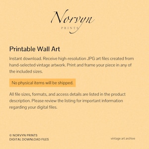 May include: Cream-colored digital art print advertisement with the text "Printable Wall Art" and the Norvyn Prints logo. The text states that the art is an instant download and no physical items will be shipped.
