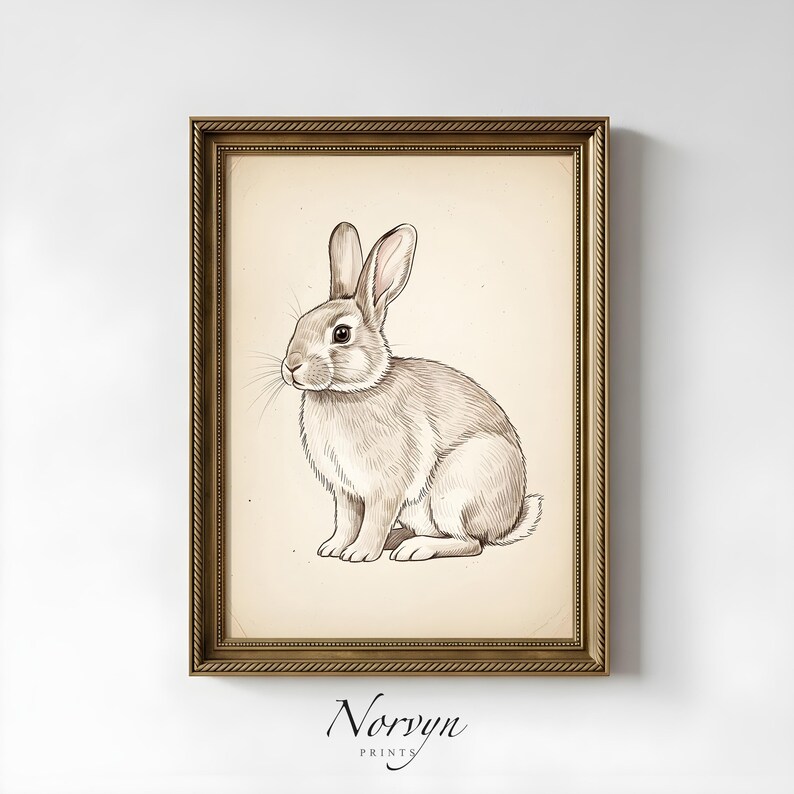 Rustic Print Rabbit Vintage Rabbit Wall Art Printable, Rustic Farmhouse Bunny Illustration ...