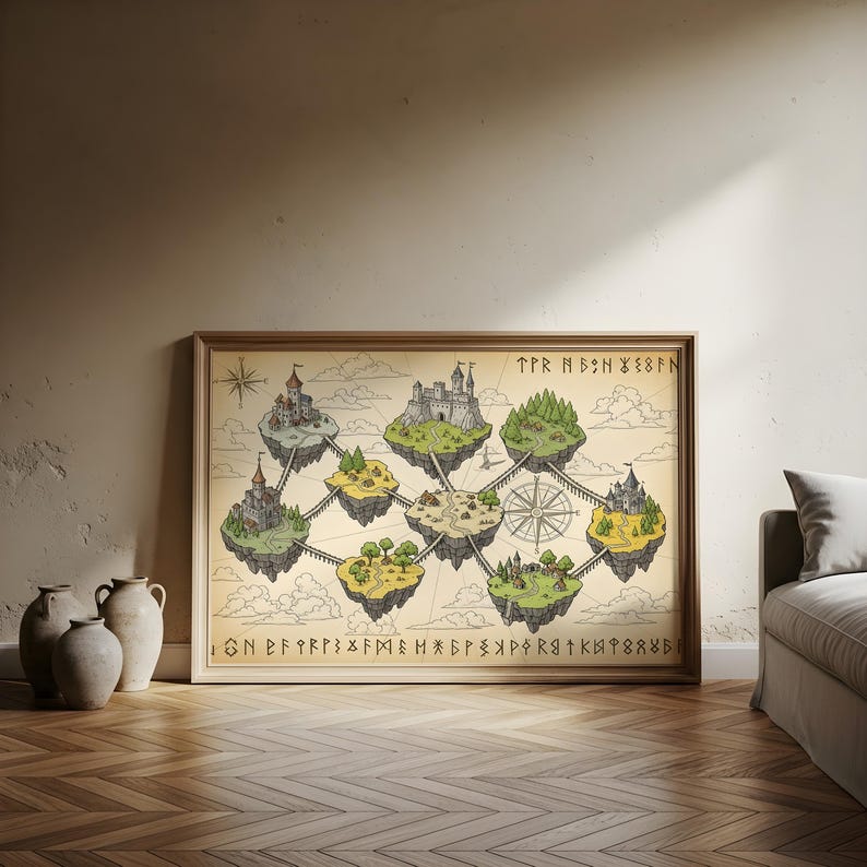 May include: Framed fantasy map featuring floating islands with castles, trees, and bridges. The map has a vintage aesthetic with a compass rose and runic text. The artwork is in a wooden frame, leaning against a wall.