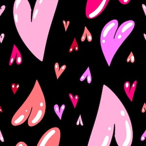 Könnte beinhalten: Ein sich wiederholendes Muster aus rosa und roten Herzen auf schwarzem Hintergrund. Die Herzen variieren in Größe und Farbton, einige haben ein glänzendes, hervorgehobenes Aussehen. Das Design ist eine verspielte und romantische Illustration.