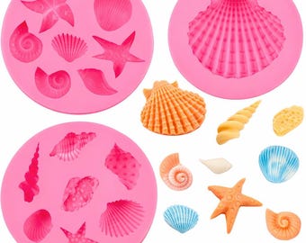 Marine Silicone Mold Set with Seashell, Conch and Starfish for Cake Decorating (3 Pieces)