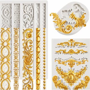 May include: A collection of white silicone molds featuring ornate, gold-colored baroque designs. The molds include various border patterns, floral motifs, and decorative elements, ideal for crafting or cake decorating.