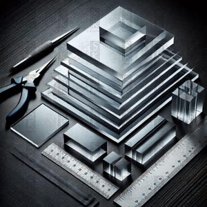 May include: A collection of clear acrylic blocks, sheets, and rulers. Pliers, a pointed tool, and a file are also present. The acrylic pieces are stacked and arranged, showcasing various shapes and sizes. The tools and acrylic are on a dark surface.