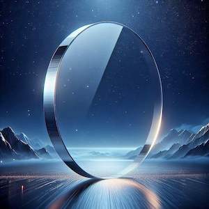May include: A large, clear, circular lens with a reflective, metallic silver rim. The lens is positioned in front of a landscape with mountains, water, and a starry night sky. The image has a futuristic, ethereal quality.