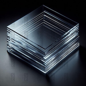 May include: A stack of clear, square glass sheets, arranged in a neat, geometric pattern. The edges of the glass reflect light, creating a bright, clean appearance. The overall effect is modern and minimalist, with a focus on transparency and form.