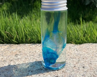 Könnte beinhalten: Ein klares Glasfläschchen mit silbernem Deckel, das ein blaues, abstraktes Design enthält. Das Fläschchen steht auf einer Steinoberfläche, mit grünem Gras und Laub im Hintergrund.