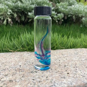 Peut inclure: Un flacon en verre transparent avec un bouchon noir, contenant un spécimen bleu et violet. Le spécimen semble être un petit squelette d'animal aquatique. Le flacon est posé sur un fond d'herbe verte et de feuillage.