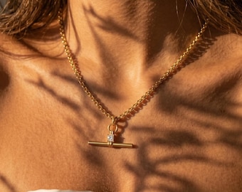 Gouden T-staafketting Rolo-ketting Sierlijke ketting CZ Dikke ketting knevelen Waterdicht Luxe sieraden cadeau