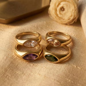 Anillo marquesa de oro, banda gruesa y ancha, irregular, hipoalergénico, no se deslustra, joyería de uso diario para ella.