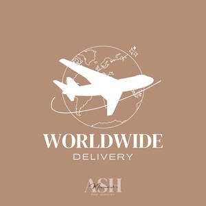 May include: A white airplane graphic flies around a white outline of the globe on a tan background. The words "WORLDWIDE DELIVERY" are below the globe and plane. The text "ASH Minimalist Fine Jewelry" is at the bottom.