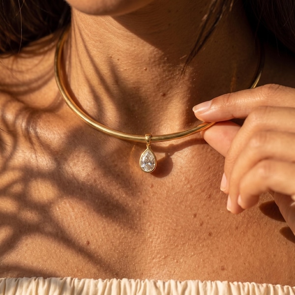 Grove minimalistische choker, subtiele manchet, waterdichte ketting, 18 karaats gouden open diamanten choker voor haar.