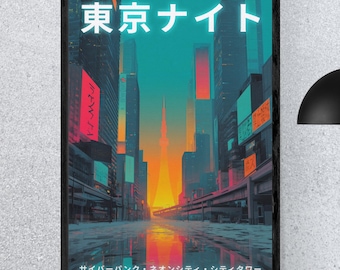 Japanisches Cyberpunk Poster, Tokyo Night Neon Stadtbild Wandkunst, Digital Download