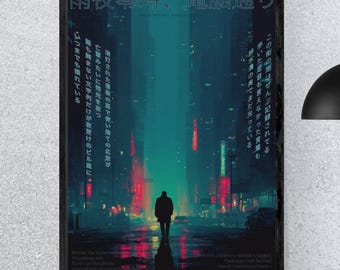 Póster ciberpunk japonés: Lluvia a la hora cero, arte mural de neón, descarga digital