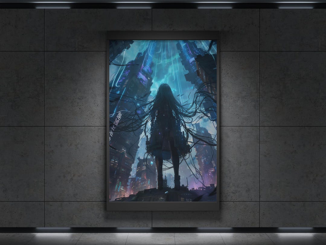 Cyberpunk Girl Poster – Neon Skyfall Cityscape, Digital Download, 4 ...
