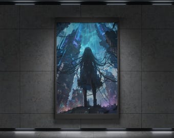 Cyberpunk Girl Poster Printable Wall Art Digital Download 4 Sizes Neon Skyfall Cityscape