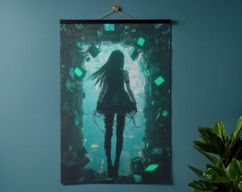 Cyberpunk Girl Poster Printable Wall Art Digital Download 4 Sizes Neon Circuit Tunnel