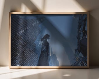 Japanese Cyberpunk Poster – Lost Signal Test 0.00, Blue Circuit City Wall Art, Digital Download