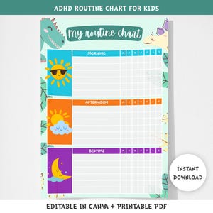 Peut inclure: Un tableau de routine coloré pour enfants atteints de TDAH, avec un dinosaure et un soleil. Le tableau est divisé en sections matin, après-midi et coucher, avec des espaces pour les tâches quotidiennes. Texte : "my routine chart" et "Editable in Canva + Printable PDF".
