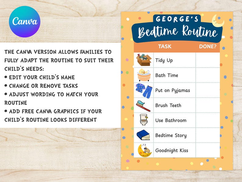 ADHD Routine Chart Kids Printable Canva Visual Schedule Morning Bedtime ...
