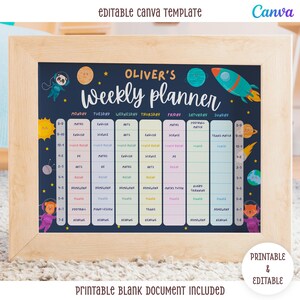 Puede incluir: Un planificador semanal enmarcado con fondo azul marino. El planificador está diseñado con un tema espacial, con planetas, un cohete y astronautas. El texto "OLIVER'S Weekly planner" está en la parte superior, con los días de la semana.