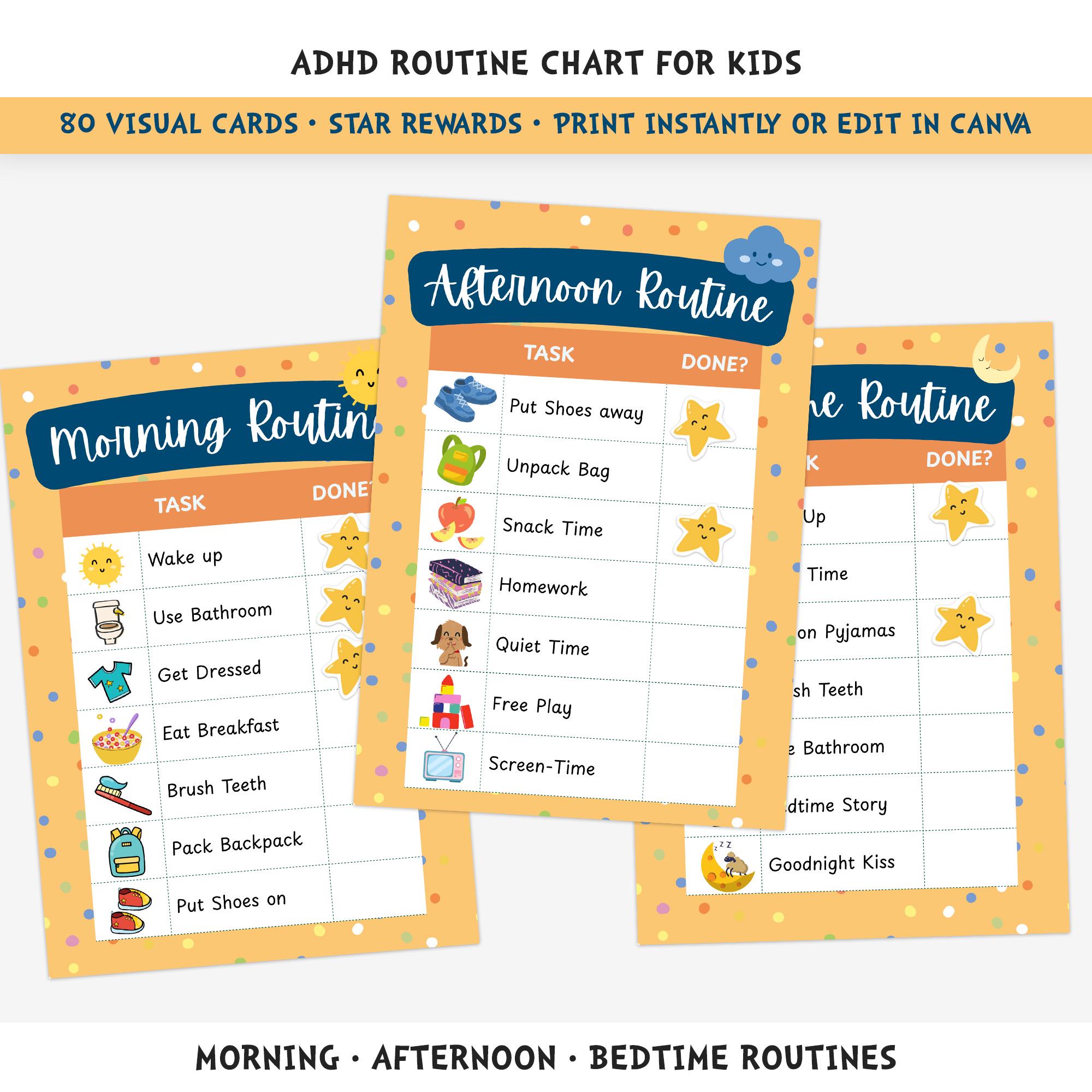 ADHD Routine Chart Kids Printable Canva Visual Schedule Morning Bedtime ...