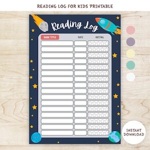 May include: A printable reading log for kids with a space theme. The navy blue background features yellow stars and illustrations of a rocket and a comet. The log includes sections for book title, date, and rating, with star icons for rating.