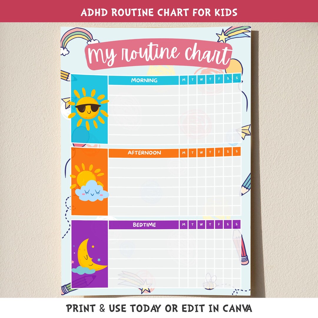 ADHD Routine Chart Kids Printable | Visual Schedule Morning Bedtime ...