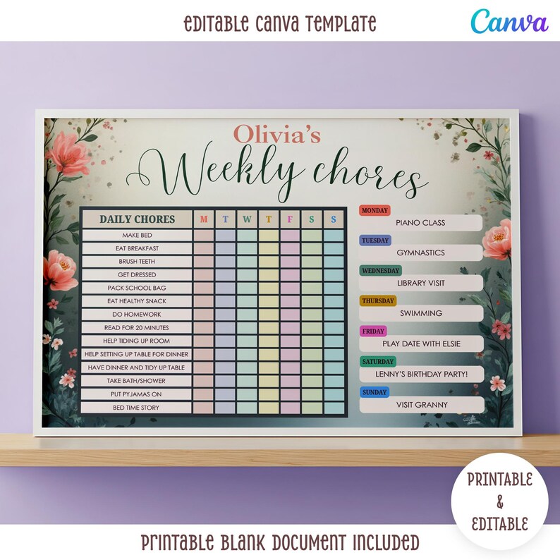 Floral Chore Chart Printable, Weekly Task Tracker, Canva Editable and ...