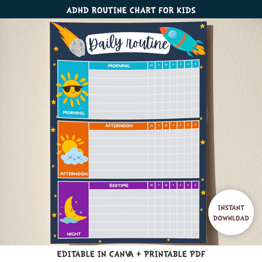 ADHD Routine Chart Kids Printable | Visual Schedule Daily Routine ...