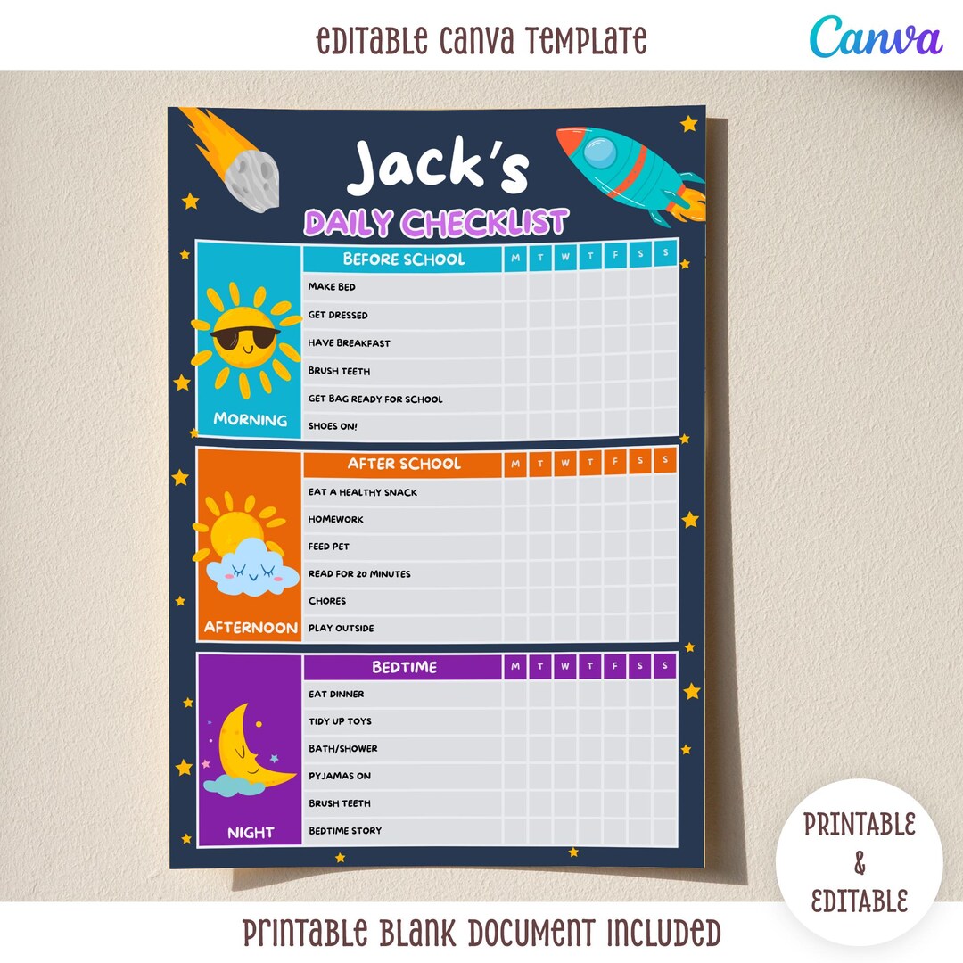 Space Kids Daily Checklist | Editable Routine Chart (canva, PDF ...