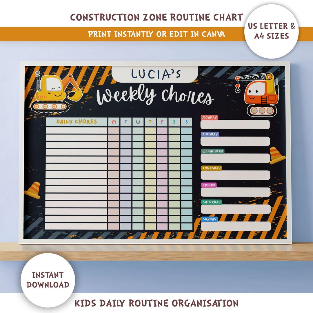 Construction Chore Chart for Kids Reward Responsibility Printable - Etsy