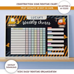Puede incluir: Un cuadro de tareas semanales con temática de construcción con el texto "LUCIA'S Weekly chores". El cuadro presenta columnas coloridas para cada día y espacio para tareas diarias. Incluye ilustraciones de vehículos de construcción y conos.