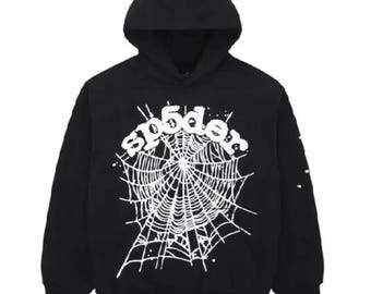 Sudadera con capucha Sp5der negra con estampado de telaraña estilo Y2K, estilo urbano unisex.