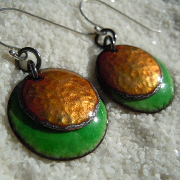 Golden Brown and Green Earrings  Enamel Earrings  Artisan Jewelry