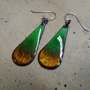 Green and Golden Brown Enameled Drop Earrings  Enamel Jewelry  Dangle Earrings  Seven Center Studios