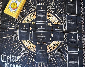 Tarot tablecloth Black and Mystic Celestial Tarot Altar Cloth 19x19 Celtic Cross for beginners, professionals