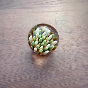 May include: A clear glass paperweight with an interior design of white, green, and yellow glass spikes. The paperweight is spherical and sits on a brown wooden surface.